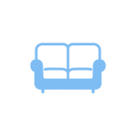 Icono de sofá minimalista en color azul para diseño de interiores.