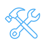 Icono minimalista de martillo y llave cruzados en color azul, representando servicios de reformas.