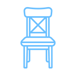 Icono minimalista de una silla en color azul, representando restauración de muebles.