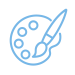 Icono minimalista de paleta de pintura y pincel en color azul, representando artes pictóricas.